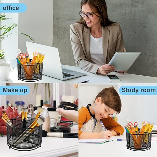 Miniatura 4 de Janoiuc Portalápices giratorio de 360 con 4 compartimentos, organizador de escritorio de malla, organizador de escritorio grande de metal