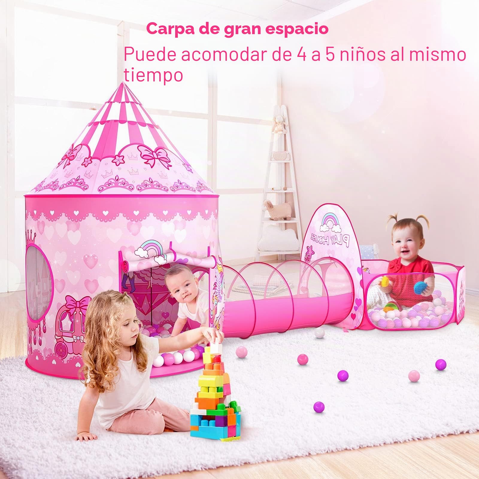 Wilwolfer Tienda de Campaña Infantil Pop-up+Túnel de Juego Infantil+Piscina de Bolas Bebé - 3-en-1 Tienda de Juego para Niños Niñas - Gran Casita Infantil Interior y Exterior
