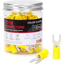 HKS 120PCS Insulated Fork Spade Wire Connectors - Yellow 12-10 AWG M5 Stud Size #10 - Tinned Red Copper - U-Type Electrical Crimp Terminals