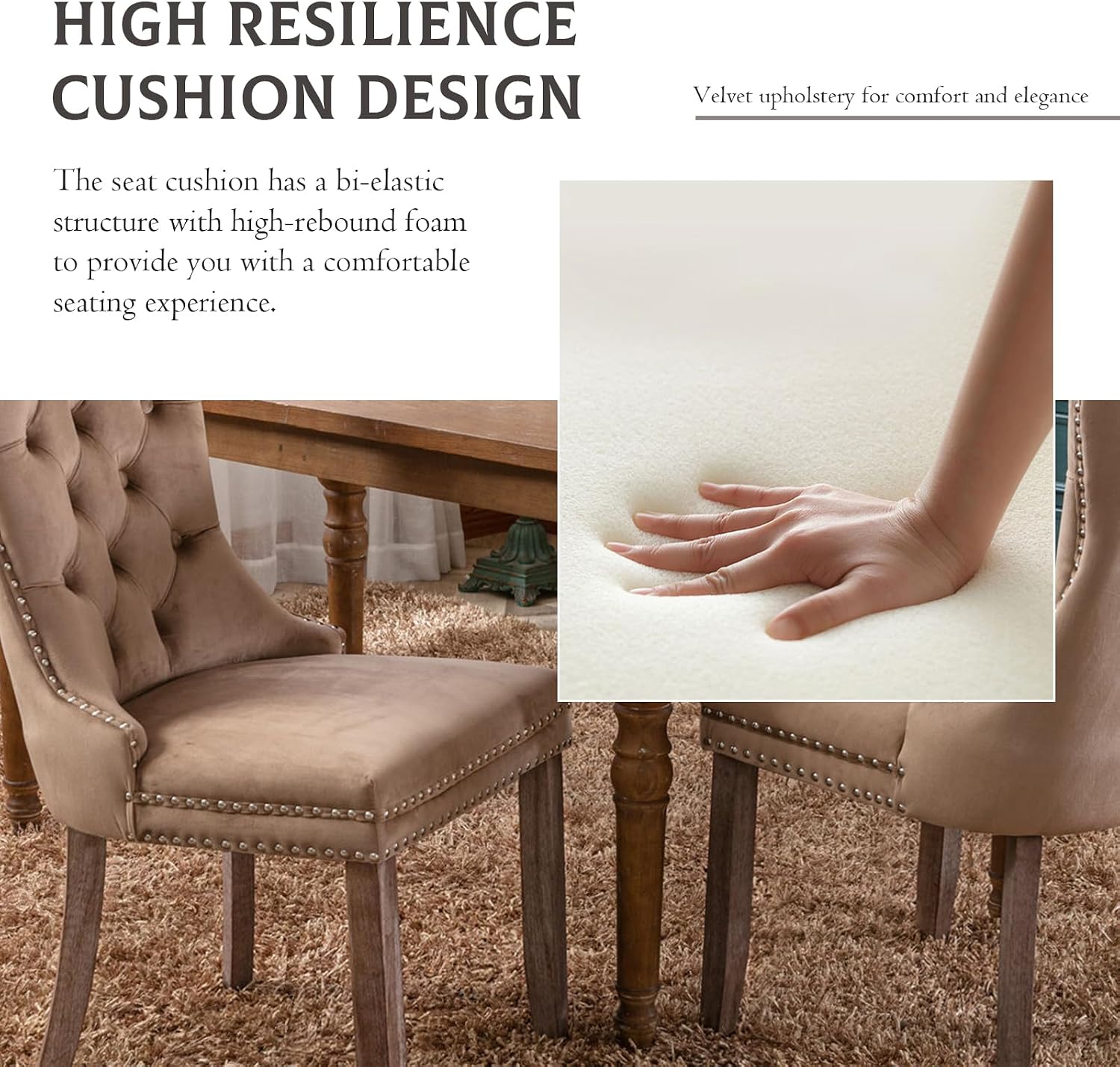 Velvet Dining Chairs Set of 6 Upholstered Tufted Dining Room Chair Kitchen Side Chairs with Nailhead Trim and Wood Legs for Dining Room,Restaurant(Khaki)