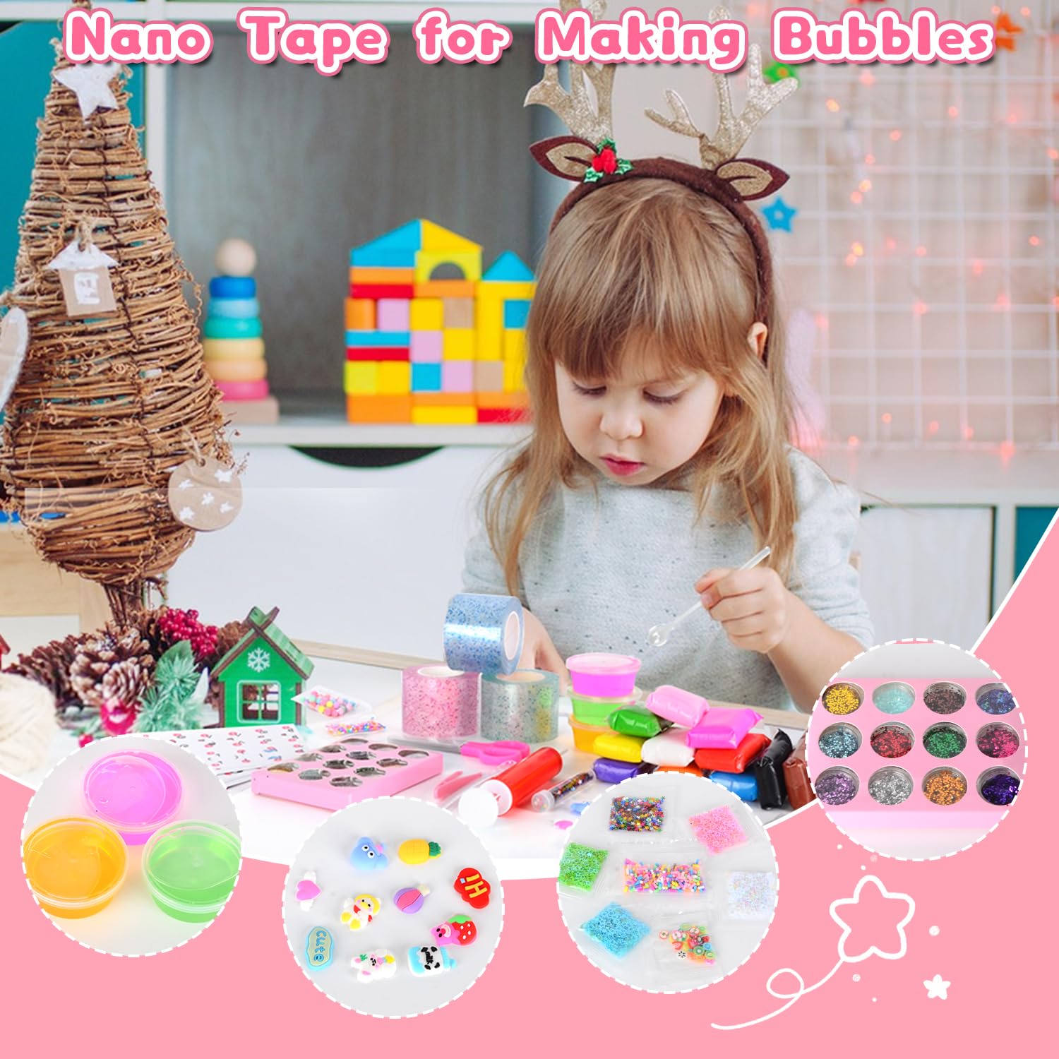 Kit Nano Tape Bubble - 6 Pièces : 4 Mètres De Nano-adhésif, Poudre Scintillante, Autocollants 3D, Pompe, Paillettes, Ciseaux - Bricolage Créatif Pour Enfant - Cadeau Anniversaire Et Noël - Réutilisable