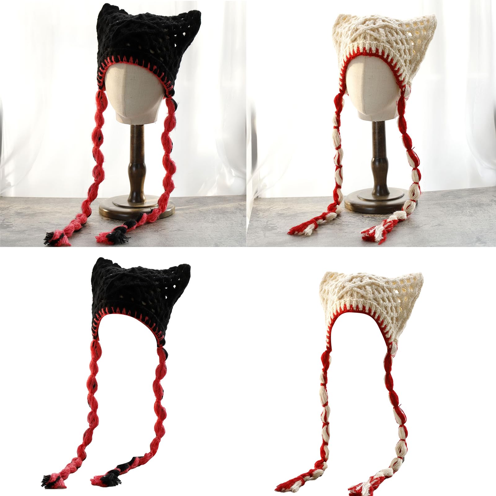 Adult Cat Ear Hat with Color Braids Students Outdoor Cycling Skiing Hat Lovely Cold Winter Keep Warm Hat for Couple Khaki