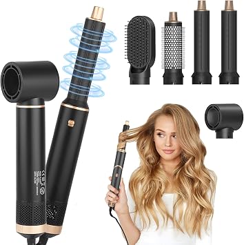 5 in 1 Air Styler, Magic Styler, Multi Use Ionic Hair Dryer Brush with Curl, Straighten, Volumise, Smooth and Hairdryer Brushes for Styling, Black Hot Air Stylers