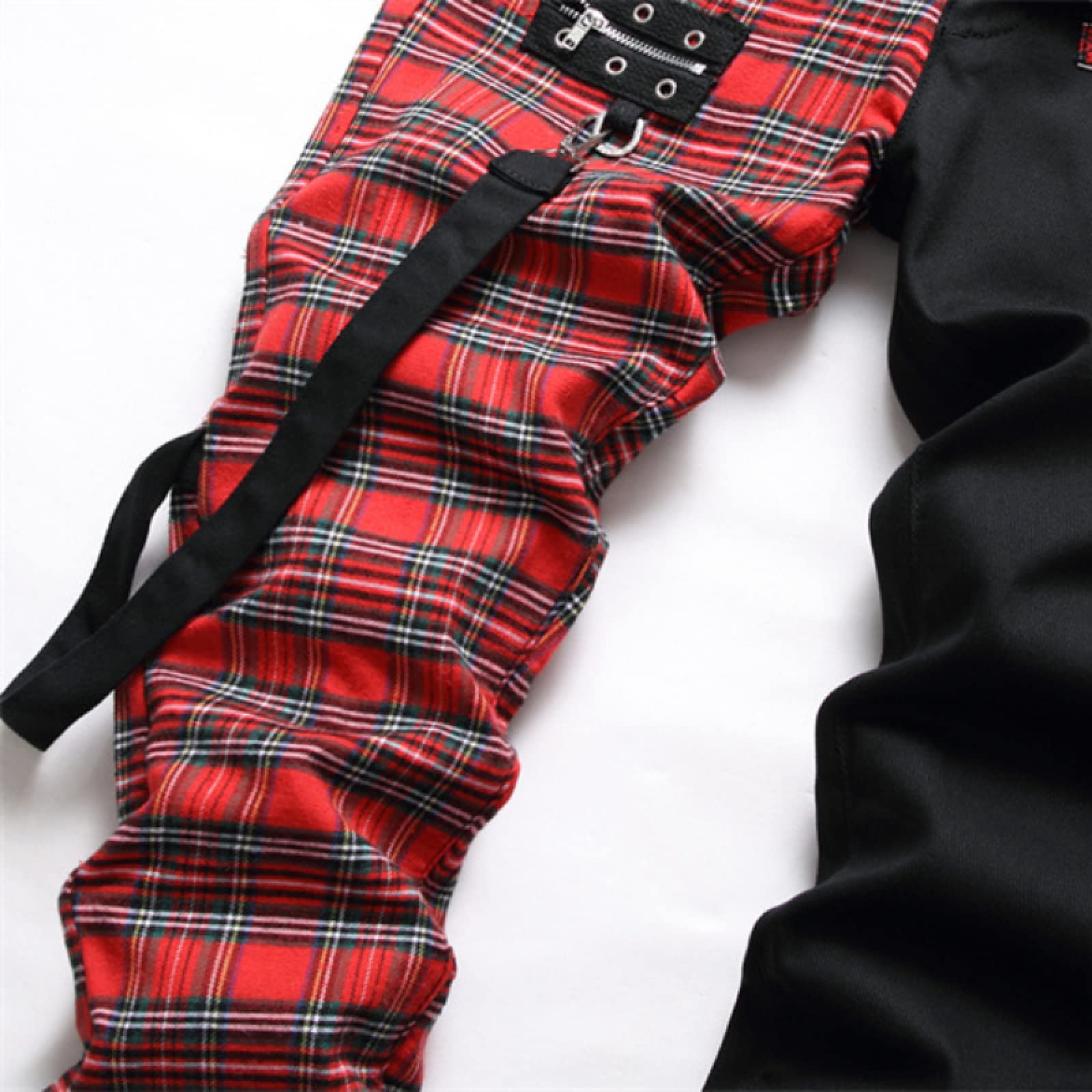 Jeans Herren Jeanshosen Hose Freizeithose Red Plaid Patchwork Punk Reißverschluss Männer Bleistift Jeans Hose Hip Hop Gothic Slim Denim Hosen