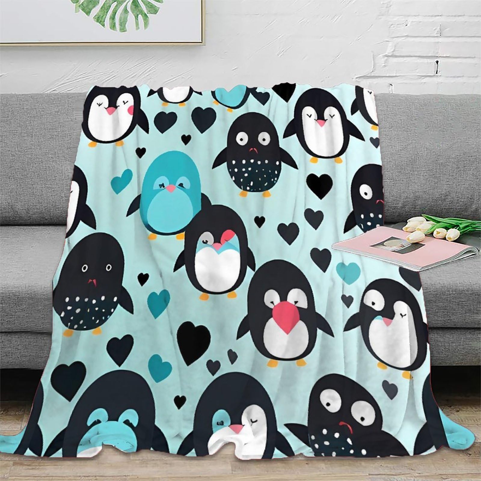 Couverture polaire microfibre 3D pingouins plaid 150x200cm