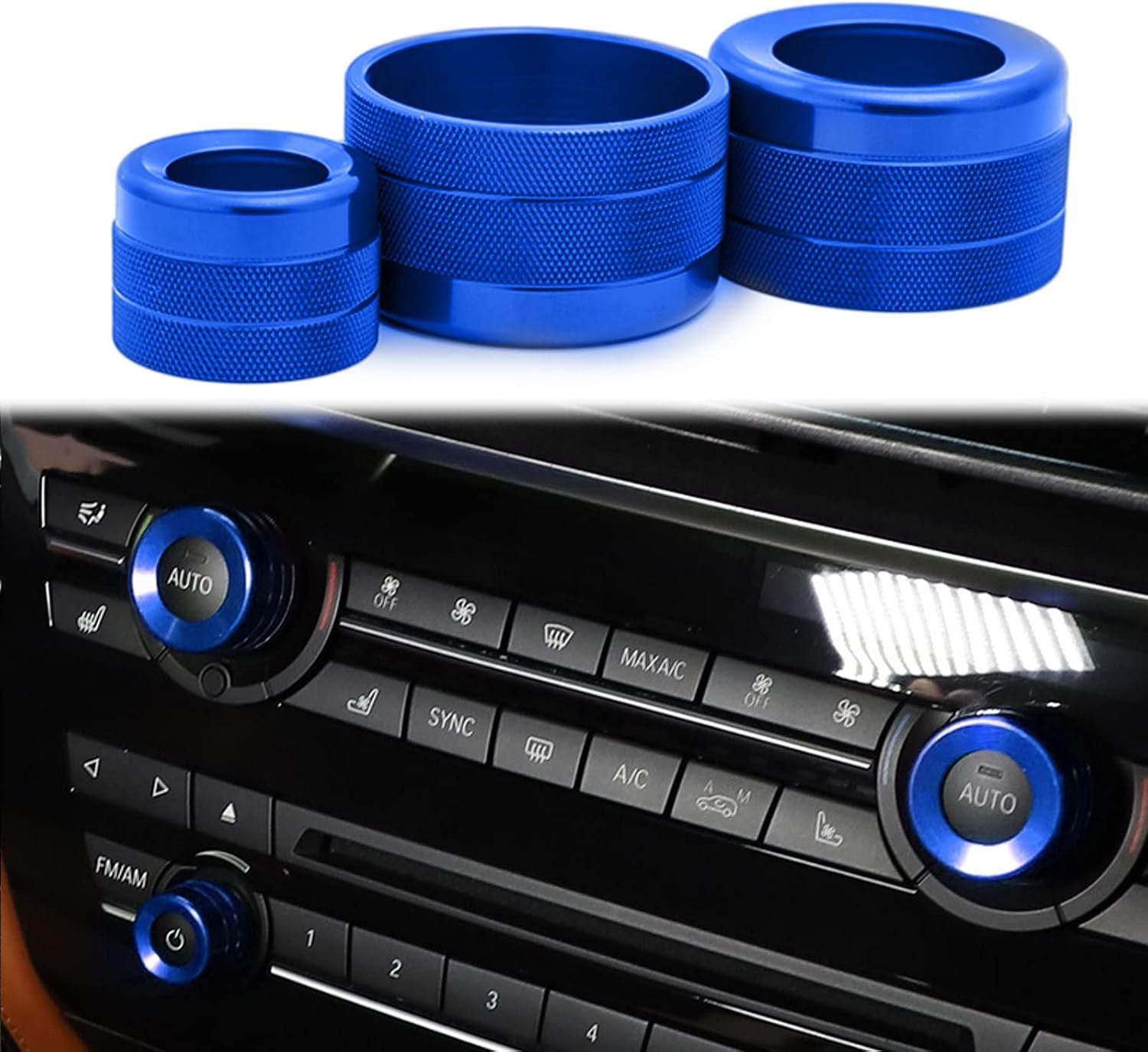 x xotic tech AC Control Radio Volume Knob Switch Button Ring Covers Trim Compatible with BMW X5 2014-2018, X6 2015–2019 F15 F16 (Blue) - 3pcs