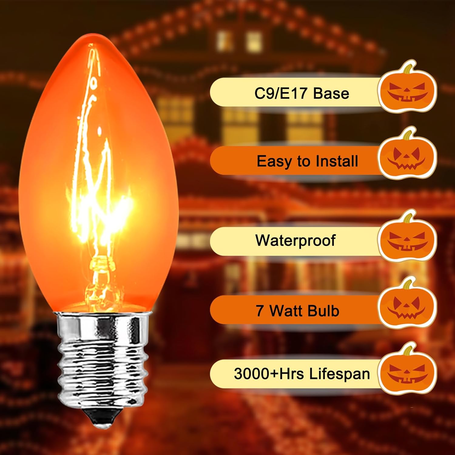 25 Pack Orange Light Bulbs, Halloween Replacement Bulbs with Intermediate Base, 7 Watt Night Lights, Incandescent Bulbs for Outdoor String Lights