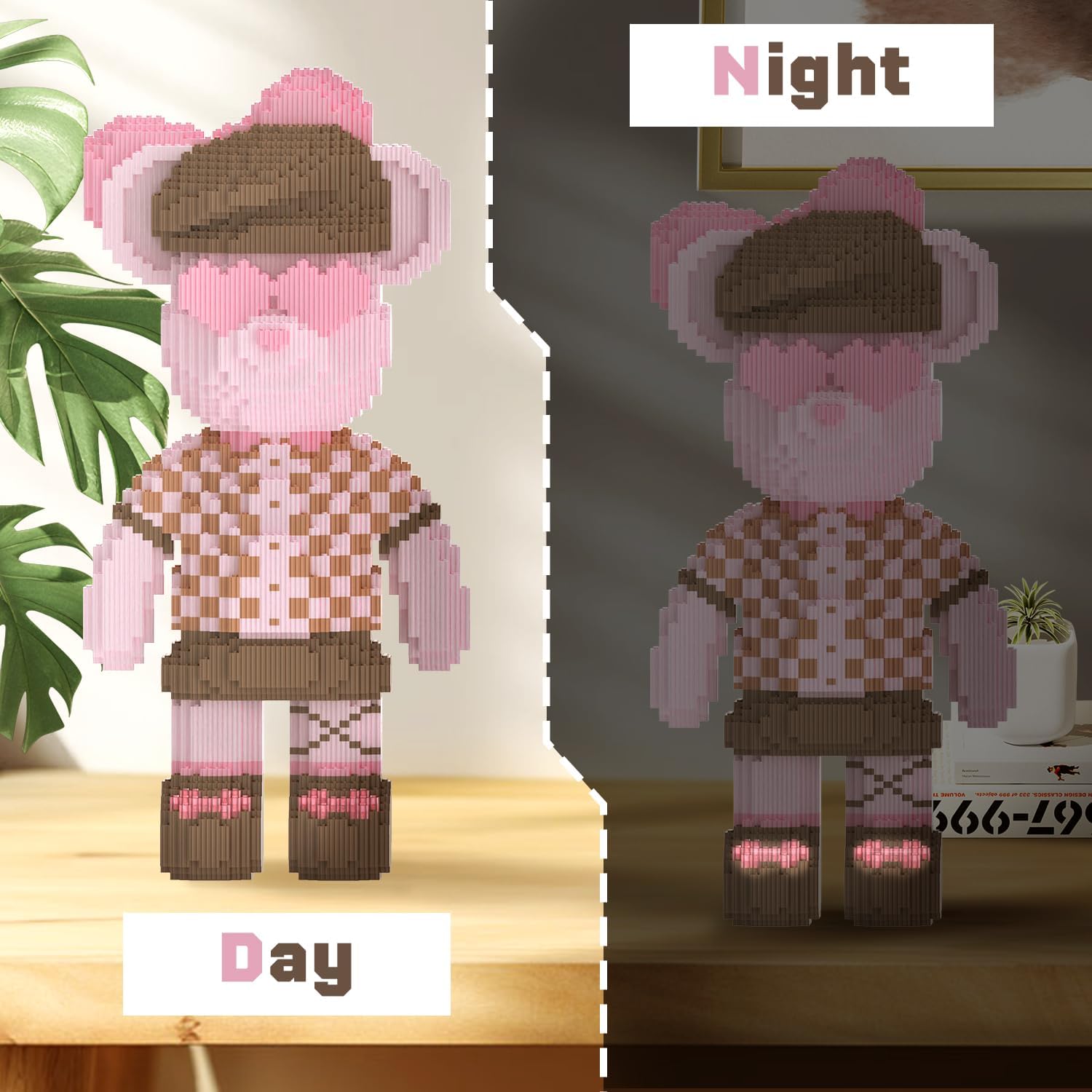 Comparison of the Bear Building Blocks model in daylight and its fluorescent glow in the dark.