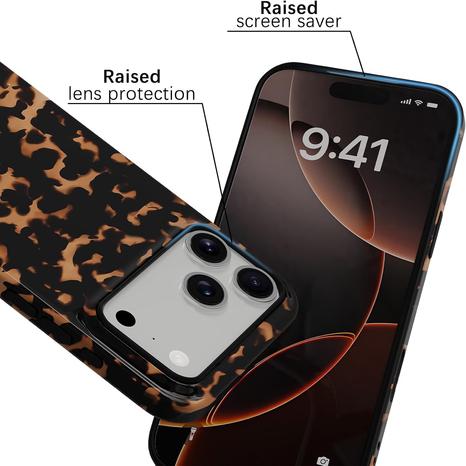 Skyseaco Compatible with iPhone 17 Pro Max Case Aesthetic Brown Amber Leopard Print Tortoise Shell Phone Case, Shockproof Soft TPU and Hard Back Protective Case, Black & Brown image 2