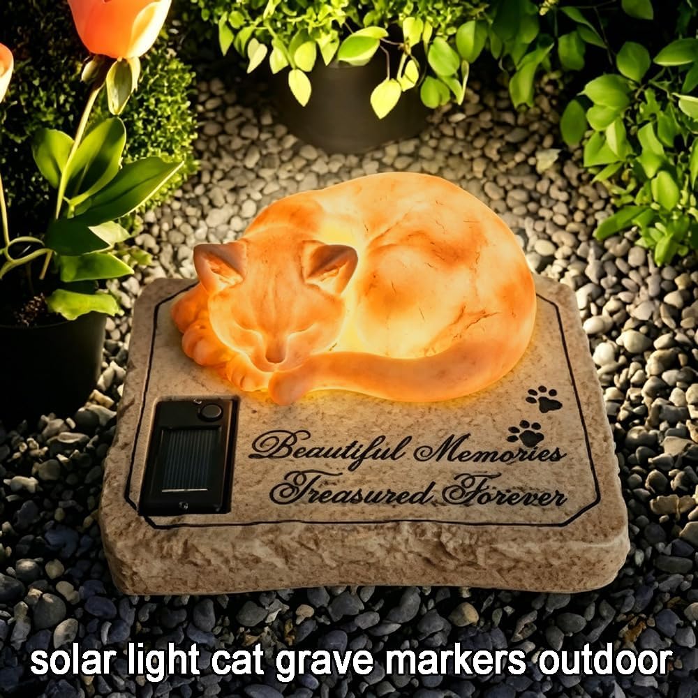 Solar Light Cat Memorial Garden Stones with A Sleeping Kitty Statue - Auto Glow at Night Resin Grave Markers Headstones for Cat Sympathy Memorial Gifts Loss Gifts Outdoors, 8"x6.5"x3"