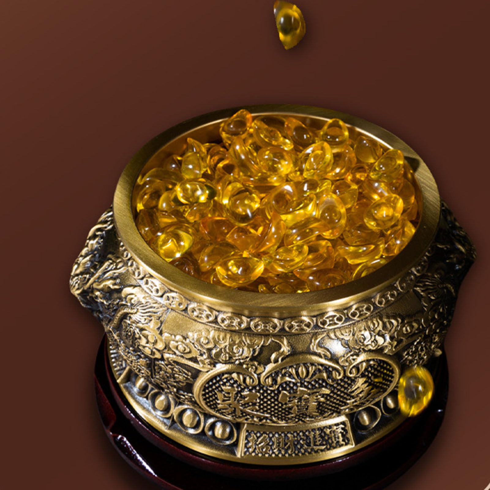 Miska na skarby Feng Shui z pokrywką i sztabką cytrynu - mosiężny symbol bogactwa ze złotym kryształem do dekoracji biurka w domu,18CM
