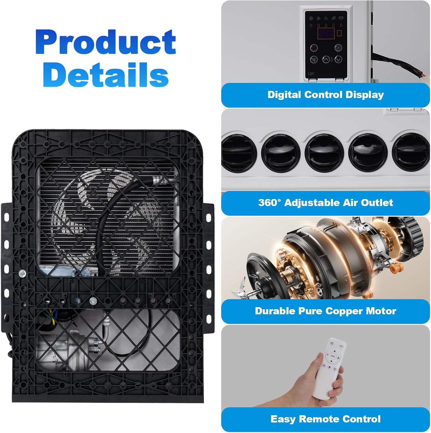 DC 12V RV Air Conditioner, 12000 BTU Truck Camper Rooftop A/C Unit, Fast Cooling, Universal Electric Automotive AC for Motorhome, Van, Tractor, Bus, White
