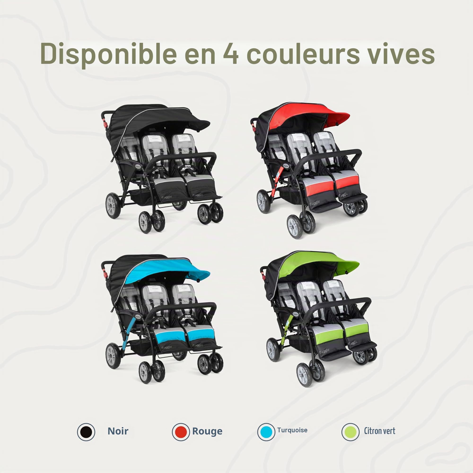 Gaggle Poussette Compass Quad 4 places, poussette 4 places pour garderie, pare-soleil anti-UV, harnais 5 points, bleu sarcelle
