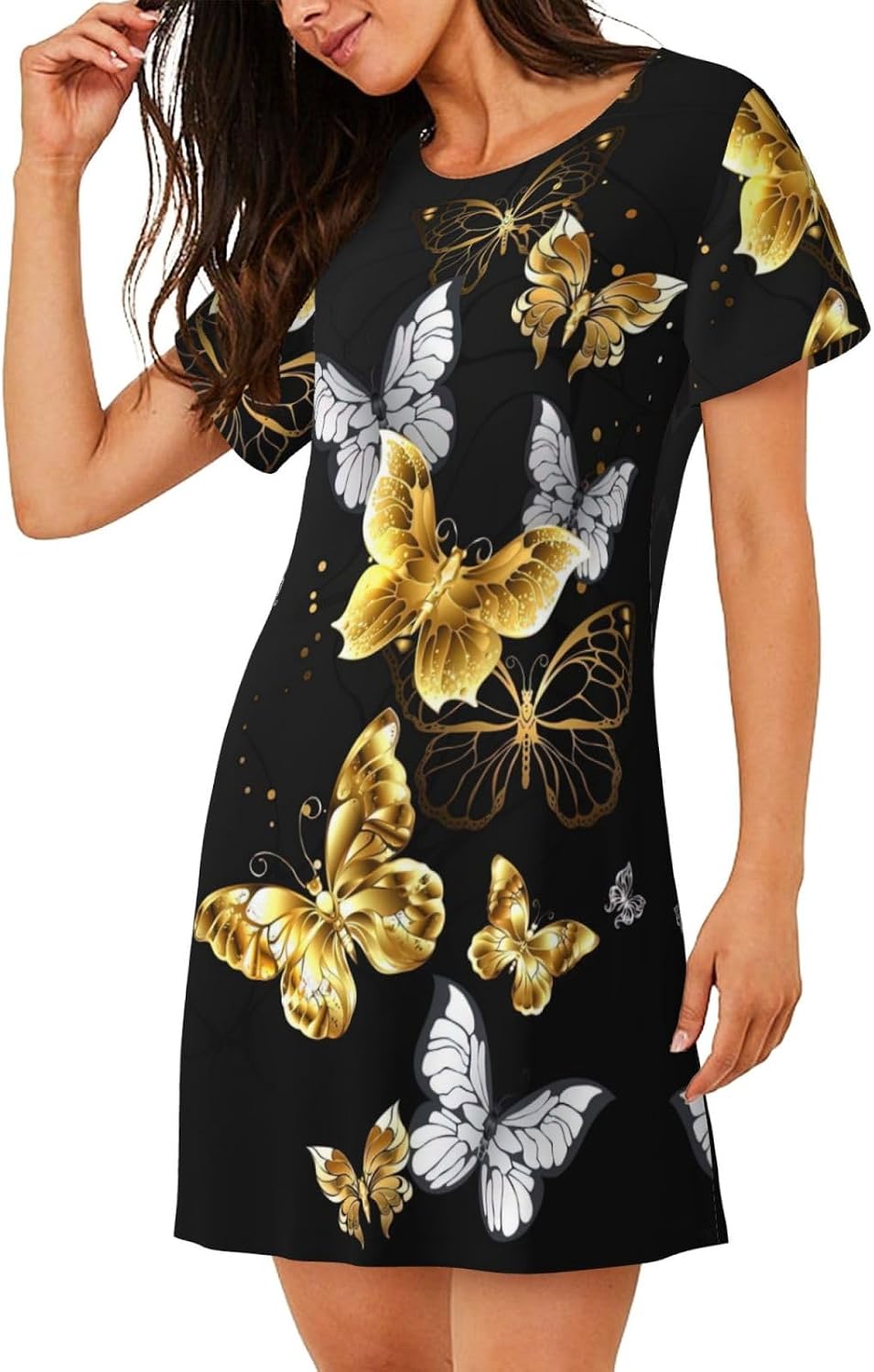 Gold White Butterflies Black Print Sleep Shirts for Women Short Sleeve Night Shirts for Sleeping Pullover Nightgown