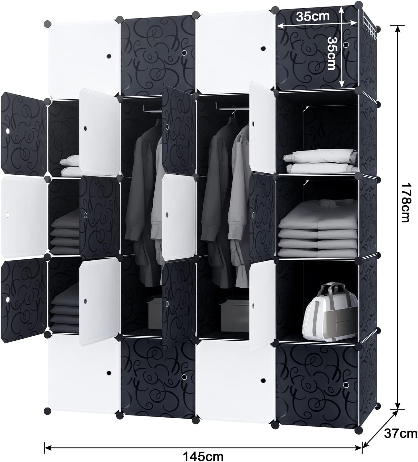 HENGMEI Armoire à 20 cubes en plastique polypropylène, porte-vêtements portable avec 2 tringles à vêtements pour vêtements, livres, jouets 145 x 178 x 37 cm