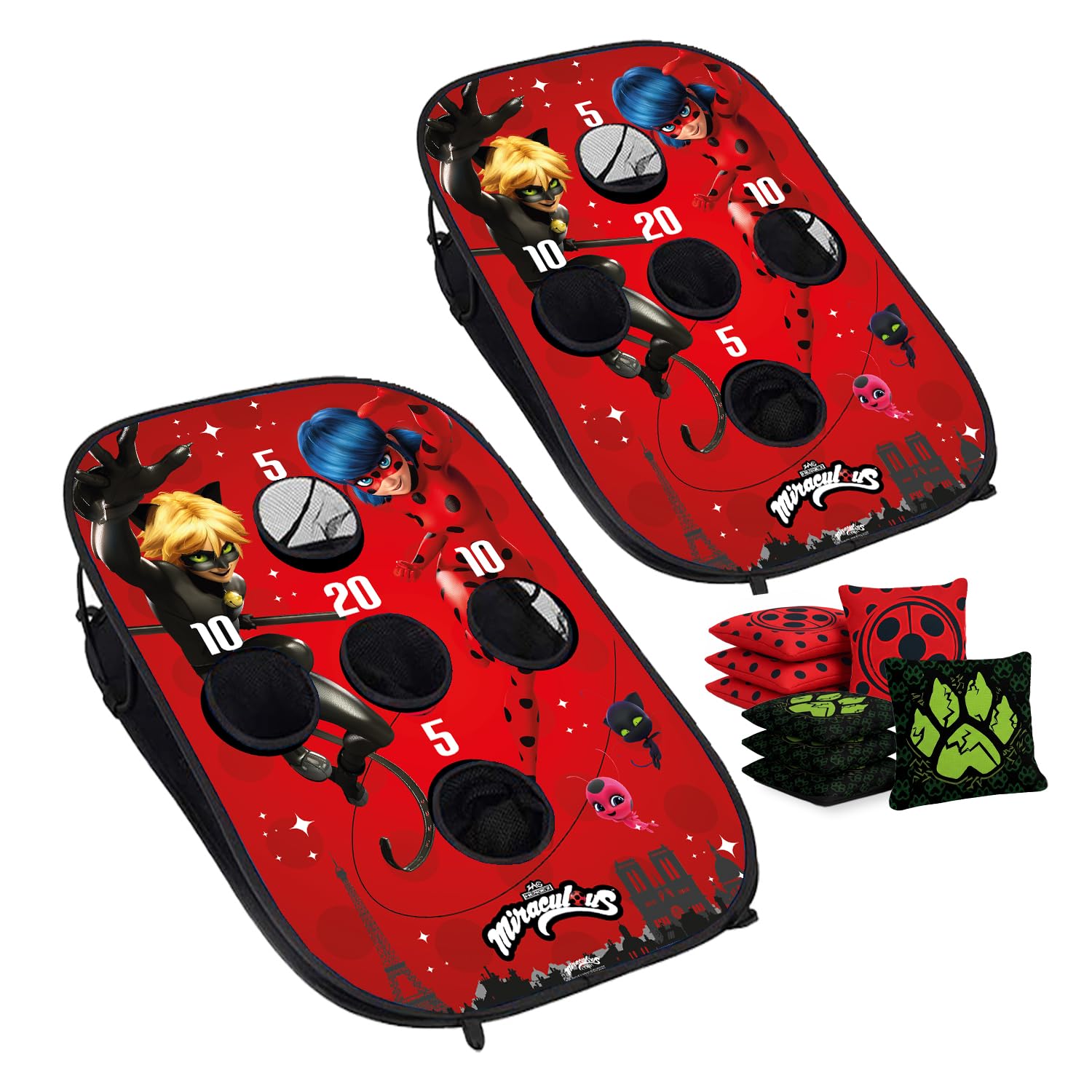 Official Miraculous – Cornhole Battle Ladybug & Cat Noir – Lightweight Foldable Fabric 90×60 cm – 2 Boards + 8 Bags + Carry Case – Outdoor Game for Kids & Adults – Original Corner