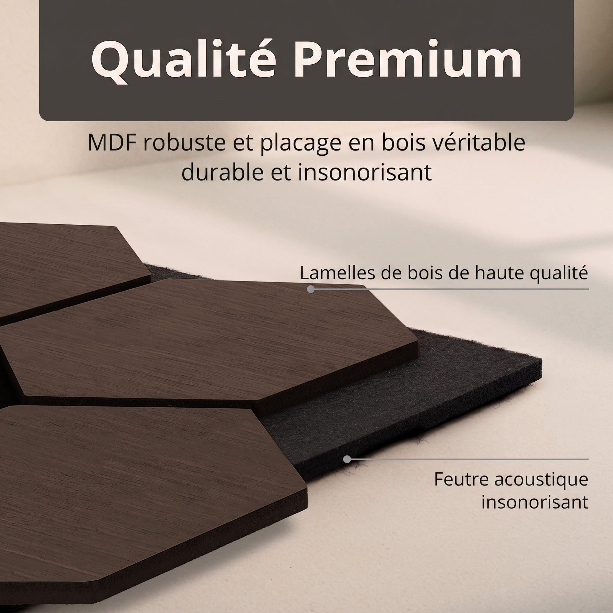 4x Panneaux acoustiques à motif hexagonal 76 x 62cm Noyer bois