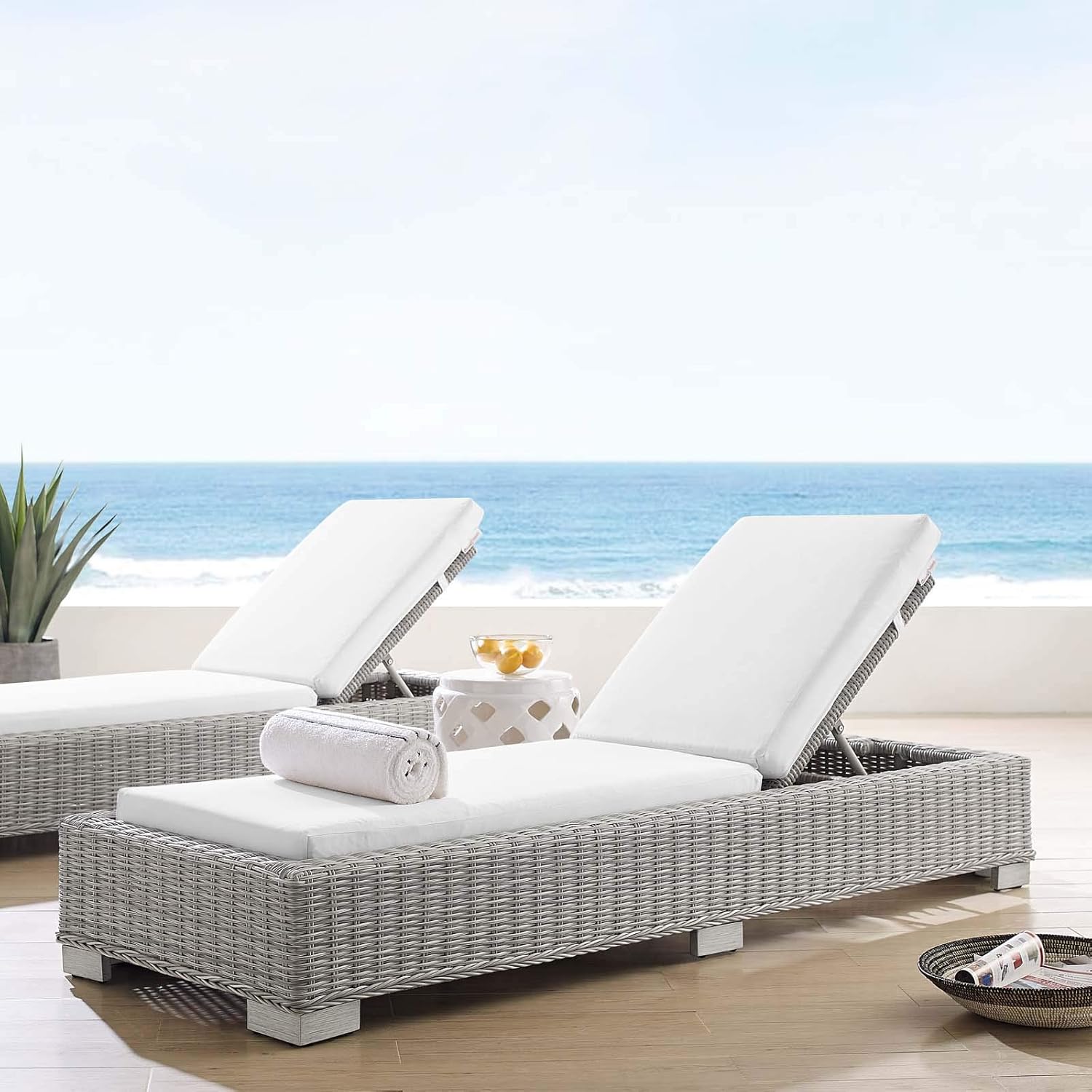 Modway Conway Sunbrella Outdoor Patio Wicker Rattan, Chaise Lounge, Light Gray White