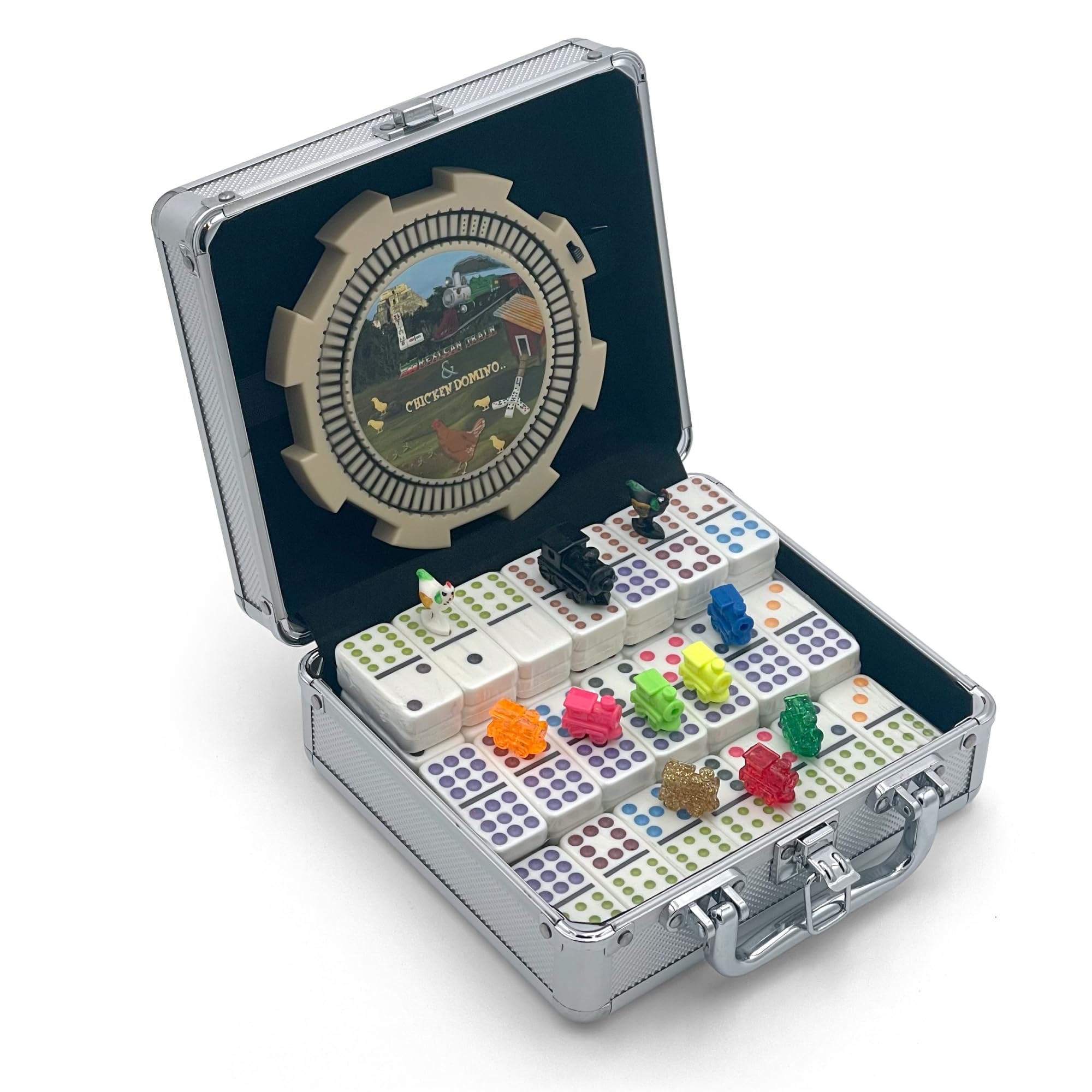 CHH Mexican Train & Chicken Domino Set – Professional Set of 91 Double 12 Dominoes Aluminum Case – Interactive Hub with Sounds