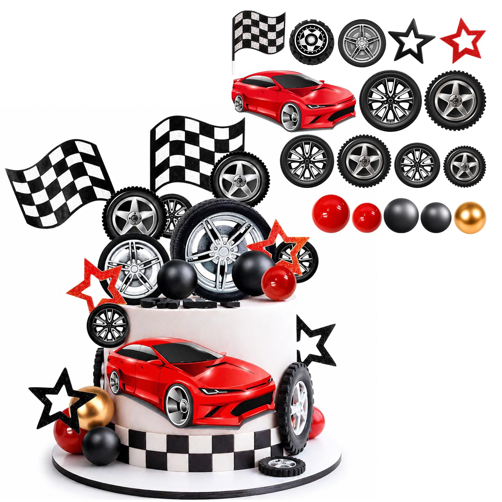 Car Cake Decorations, 17-Piece Set for Racing Theme Birthday Parties, Ideal for Boys' Cakes and Dessert Table Styling, 2.5 cm Size