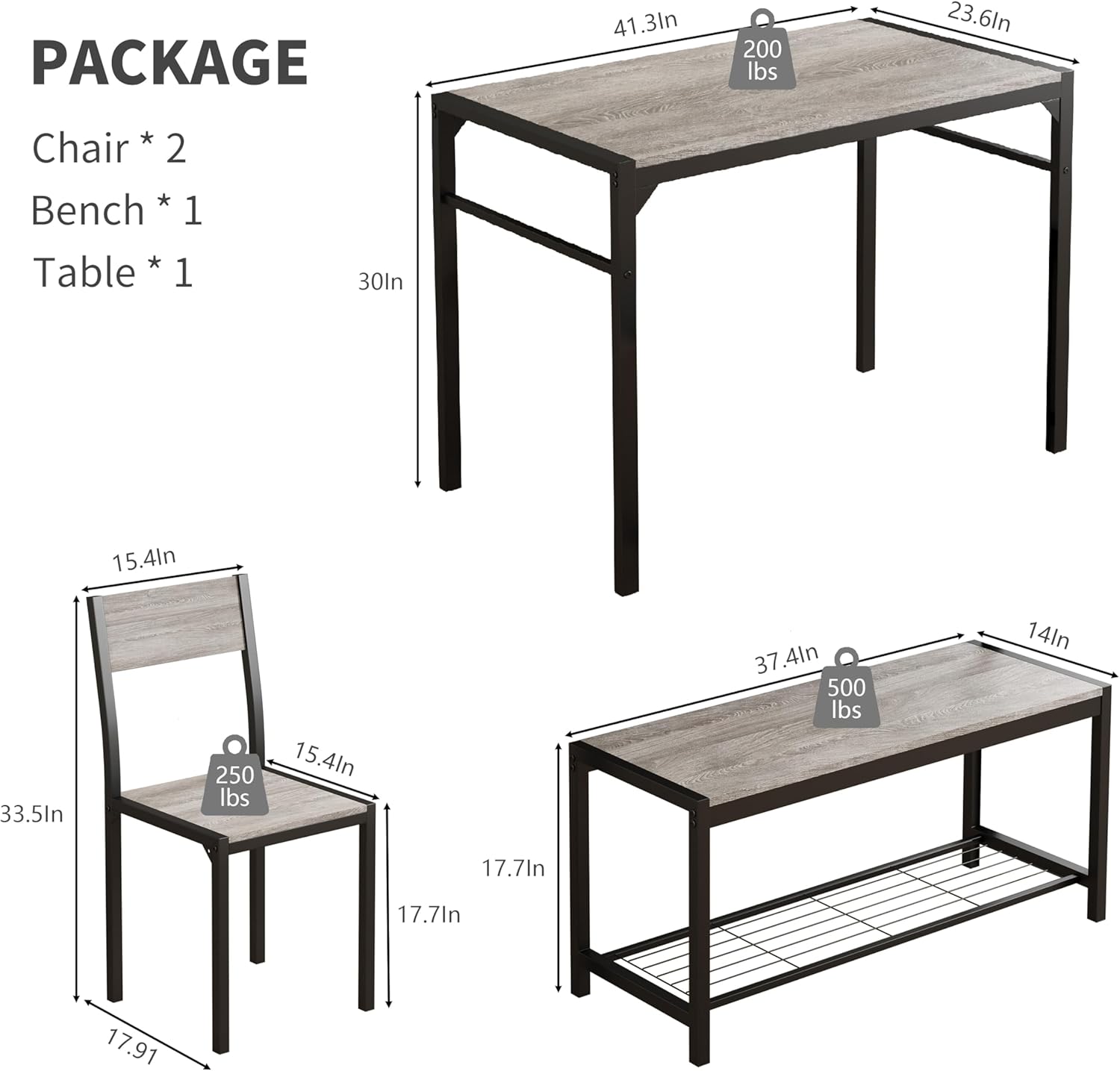 Dining Table Set for 4 with Bench, 4 Pieces Kitchen Table and Chairs, Space-Saving Dinner Table for Kitchen, Dining Room, Apartment, Extra Storage, Sturdy Construction, Easy Assembly(Grey)