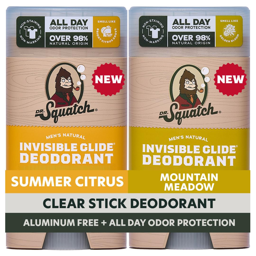 Dr. Squatch Invisible Glide Natural Men’s Deodorant – Smooth Glide, No Stains – Aluminum Free Deodorant Men – Safe for Sensitive Skin – Summer Citrus + Mountain Meadow, 2.65oz (2-Pack)