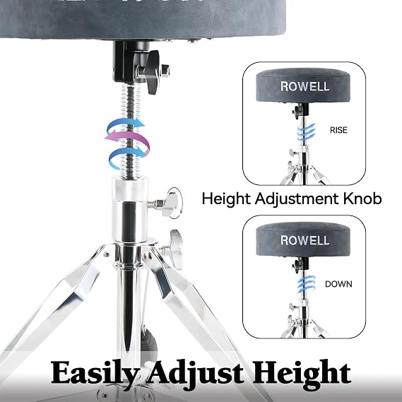 ROWELL Drum Throne Adjustable Drum Stool Lightweight Drum Seat Soft Drum Stools Electric Drum Throne Max Weight 330Lb Drum Set Stool Textured Blue Drum Thrones for Kids Adult Women Drummer