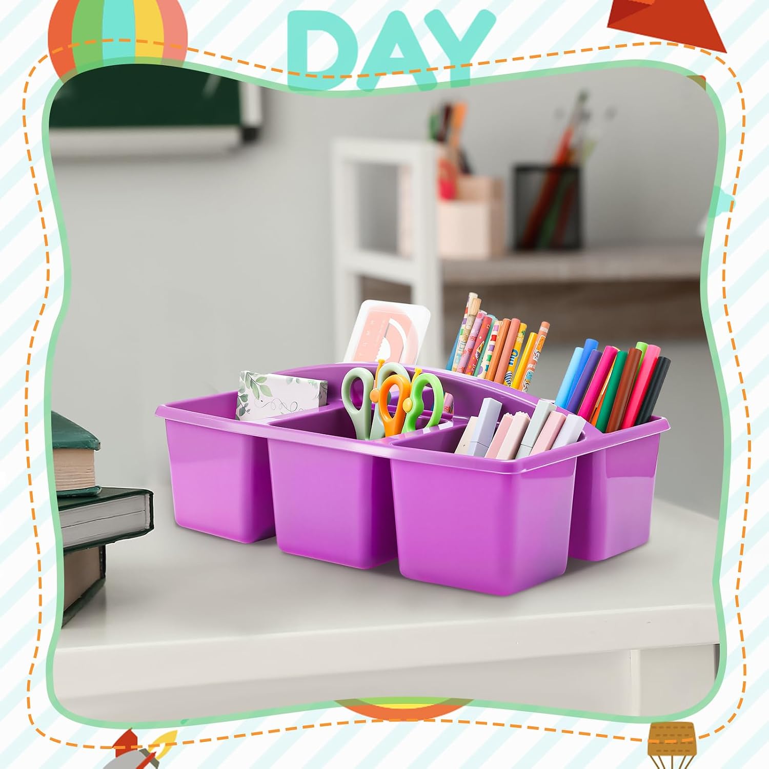 Lineshading 6 Equal Compartment Classroom Caddy, 12 Pack Small Caddy Organizer with Handle Rainbow Colors Plastic Classroom Table Caddies School Supply Organizer for Easy Storage(Rainbow Colors)