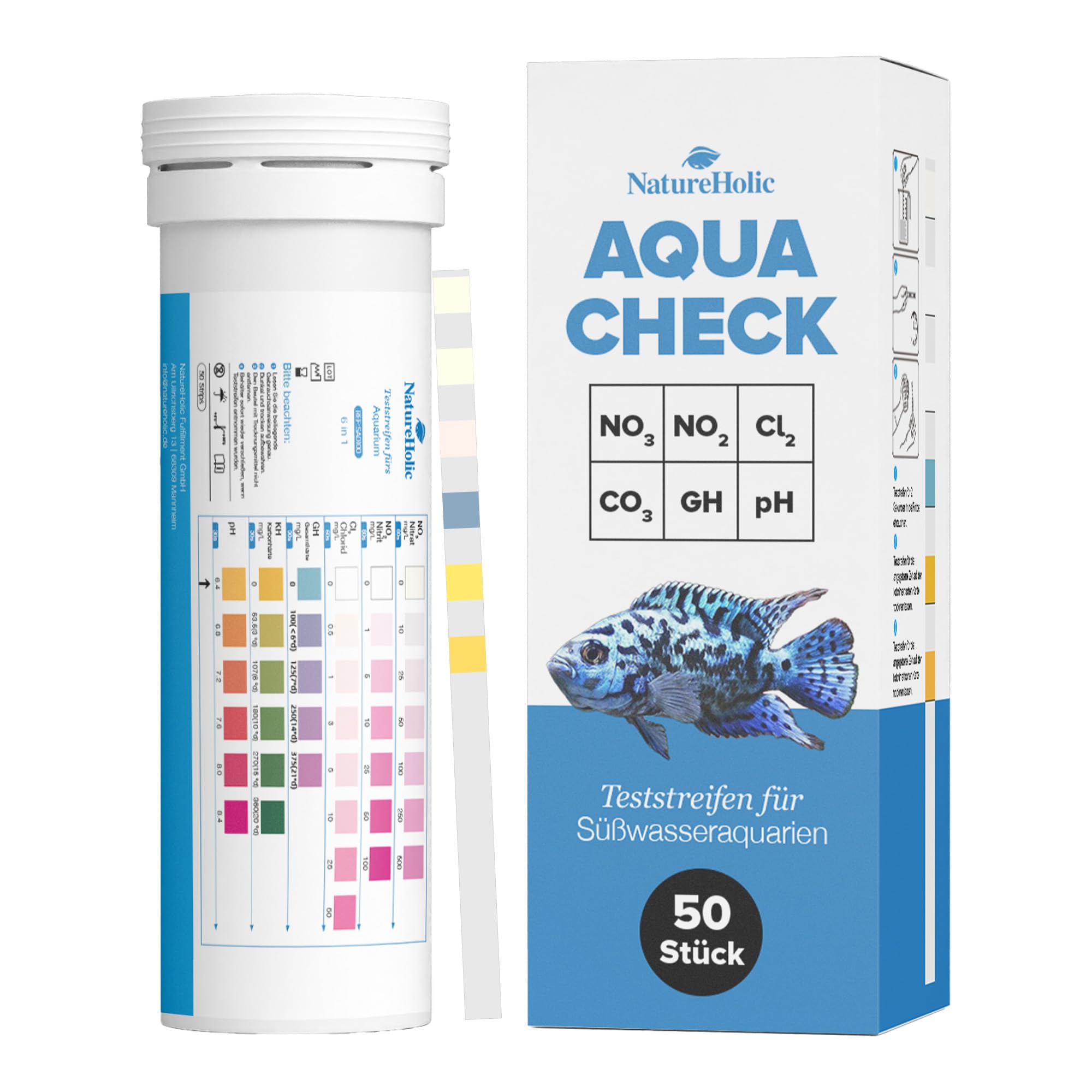 NatureHolic Paski testowe do akwarium 6 w 1 – szybki test azotynów, azotanów, chloru, pH, całkowitej twardości i twardości węglanowej – do akwarium, basenu z krewetkami i świeżej wody