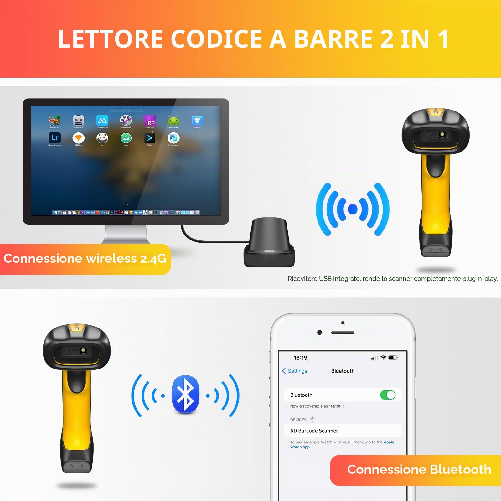 NETUM Scanner di codici a barre Bluetooth industriale QR aggiornato con dock di ricarica (NT-1202W)