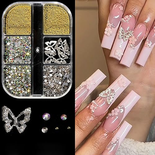 Miniatura 6 de Dijes de aleación 3D de mariposa para uñas, mariposas acrílicas 3D, diamantes de imitación con perlas, cuentas de caviar, diseño de cristal