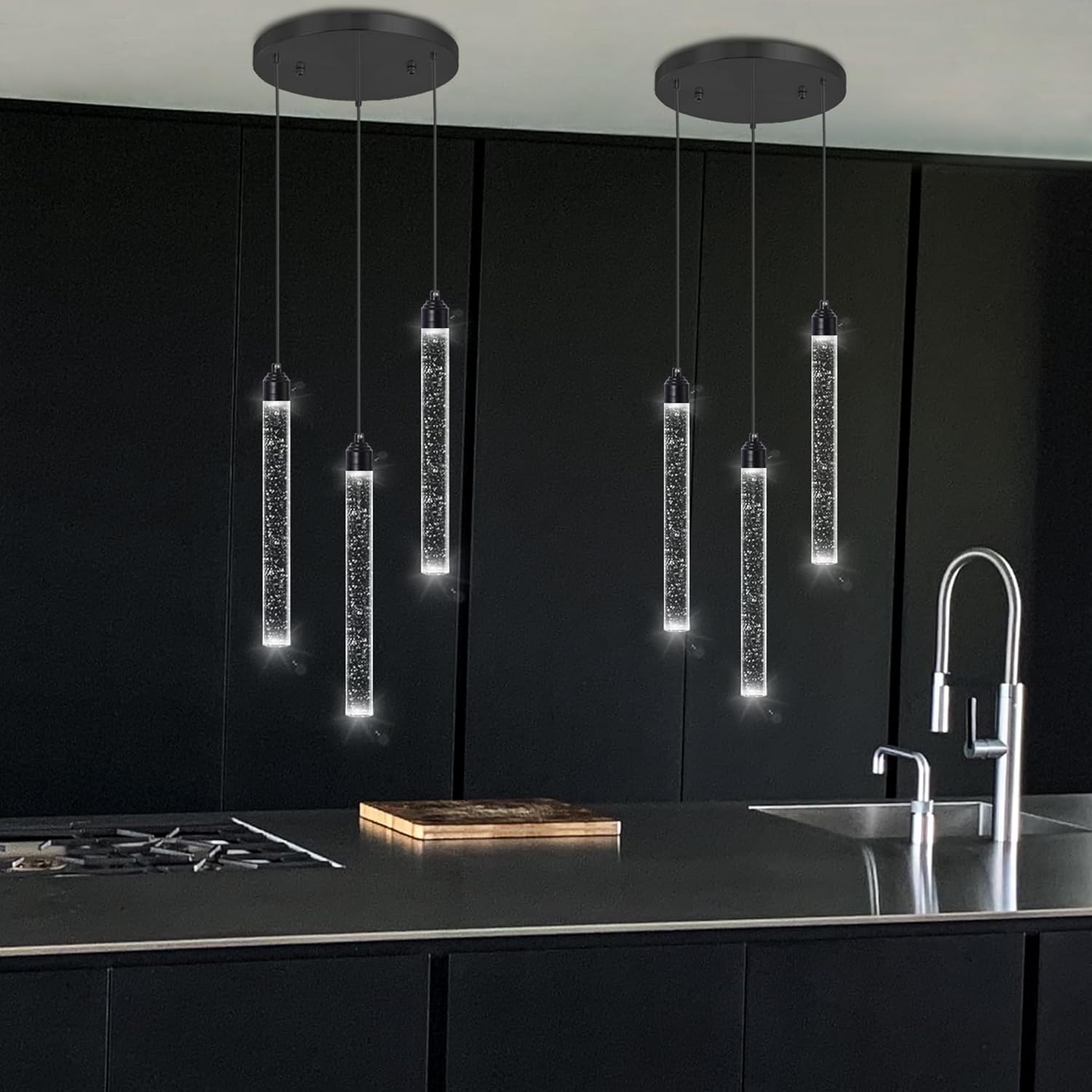 3 Light Black Pendant Lighting Mini Chandelier for Kitchen Island Modern Crystal LED Pendant Light Adjustable Dimmable Pendant Light Fixture for Dinning Room Bedroom Ceiling Hanging Lights 2700K 6000K Black 3 lights