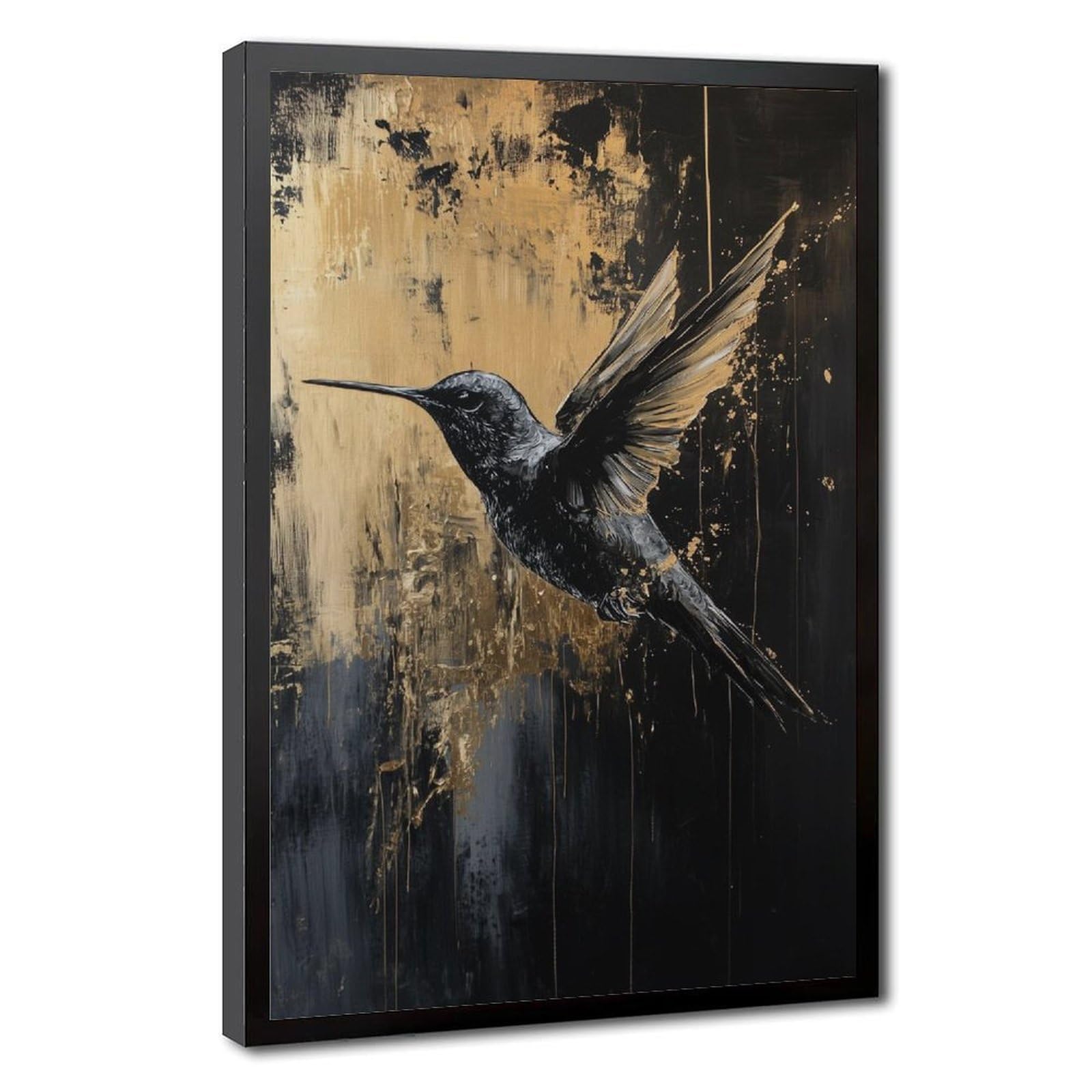Bareronor Black Gold Abstract Hummingbird Canvas Poster Bedroom Decor Landscape Office Room Decor Gift 24" L X 36" W