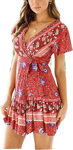 TEMOFON - Vestido bohemio de verano para mujer, vestido cruzado floral con cuello en V y manga corta, minivestido de playa, S-XL