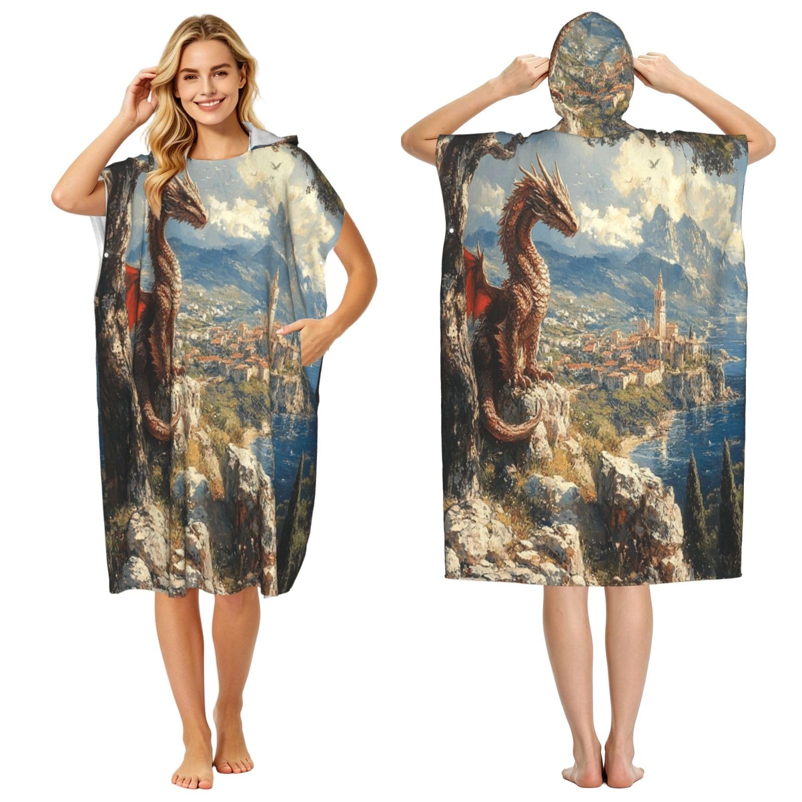 DTHKJNLSF Giant Dragon Adult Hooded Beach Poncho Towel