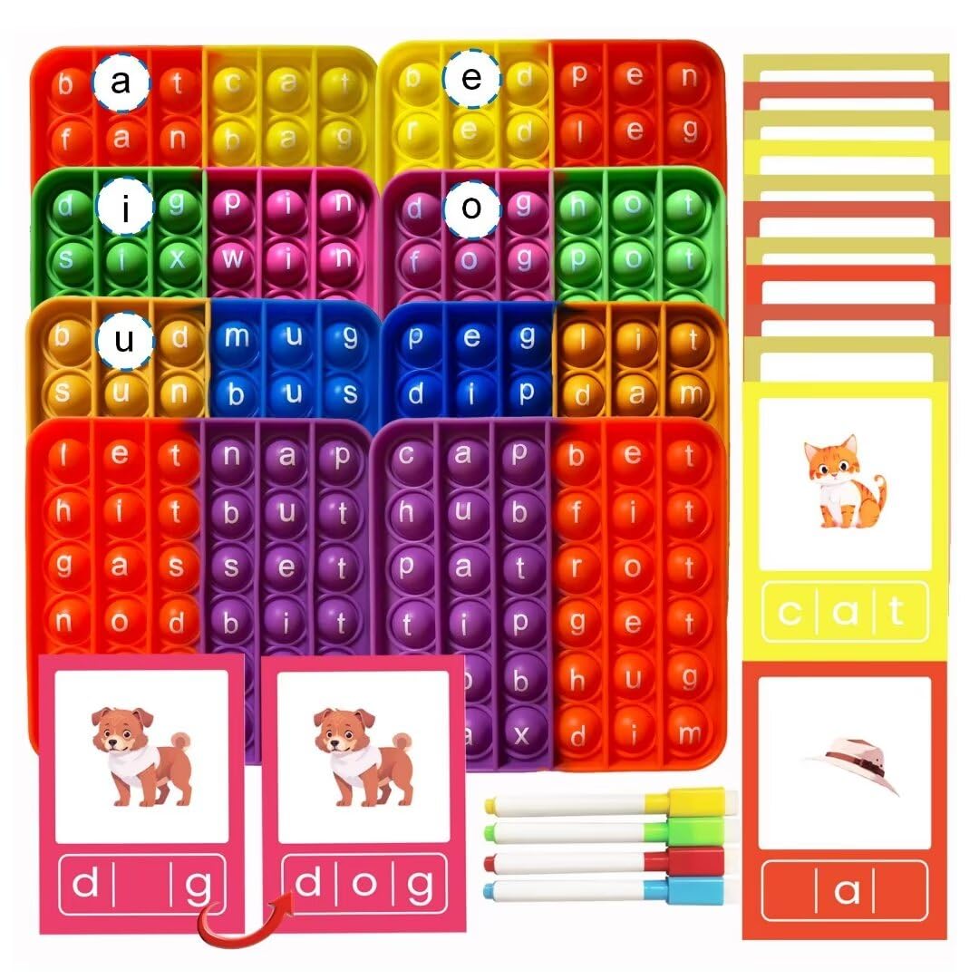 CVC Word Games with 4 CVC Word Popper & 60 CVC Flashcards, Learn to Read in Weeks, Multisensory Reading & Phonics Spelling Game, Ideal for Pre