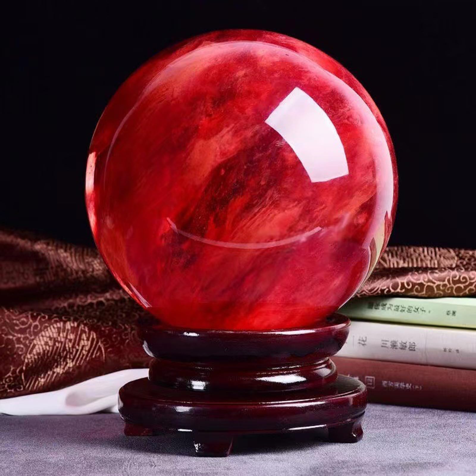 Boule de Cristal Rouge avec Support, Boule de Divination polie en Quartz fondu Naturel, Pierre de Richesse Feng Shui, sphère de Pierre précieuse de Fortune pour la guérison,10cm/3.9in