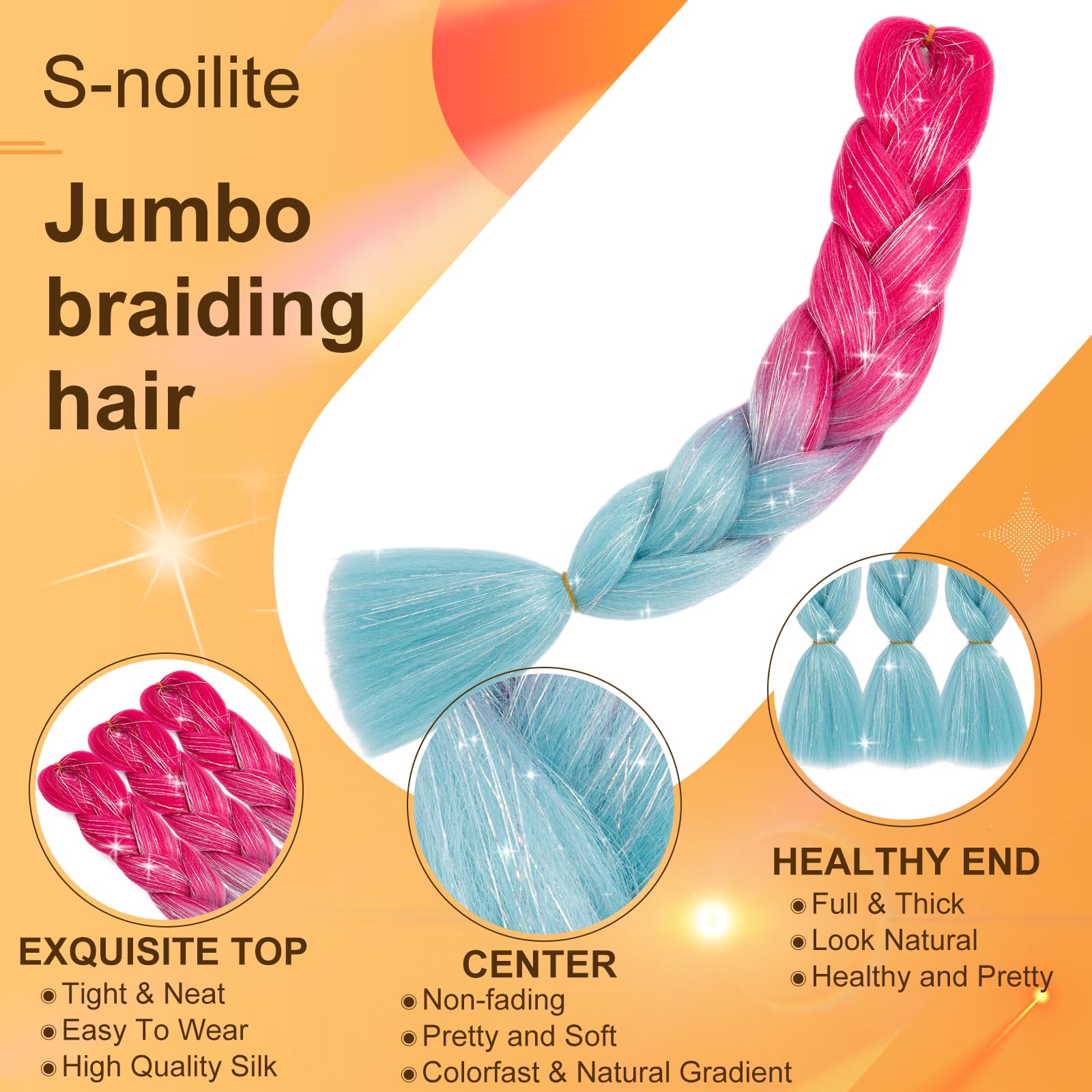S-noilite Rainbow Jumbo Braiding Hair Extensions Colorful with Tinsels Braide Hairpiece for Box Twist Braids,24 inch 1pc 100g,Long Ombre Crochet Synthetic Hair,Peach Red to Light Blue with Tinsels - Image 2
