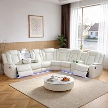 Power Reclining Sectional Sofa Set - Cream White Leather Couch with LED Lights, Storage Console, Cup Holders & USB Charging, Home Theater Recliner for Living Room