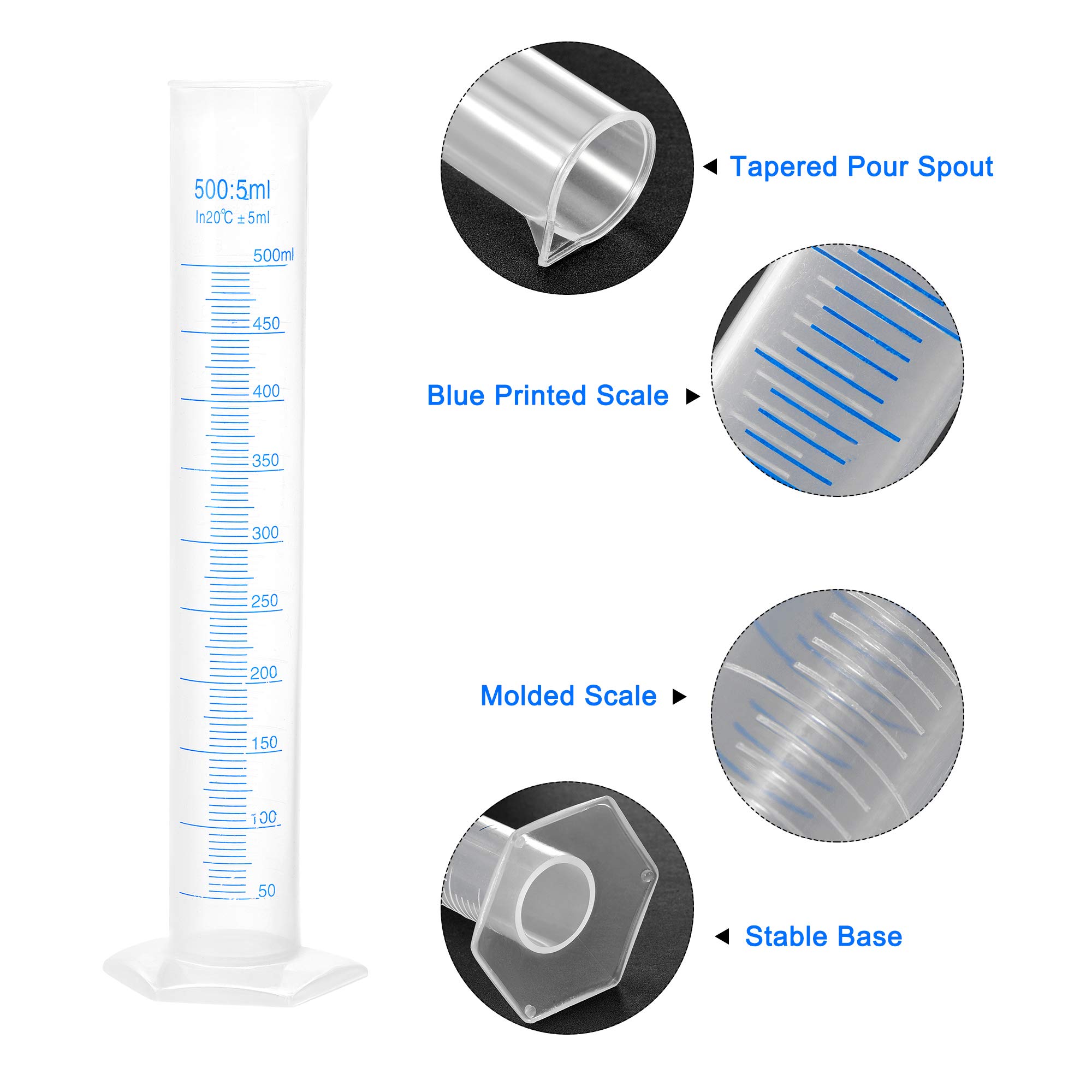 sourcing map Plástico Graduado Cilindro, 500ml Medición Cilindro, Ciencia Prueba Tubo Precipitados Vasos, 2 Caras Métrico Marcado, Transparente Hexagonal Base para Laboratorio Hogar 2uds