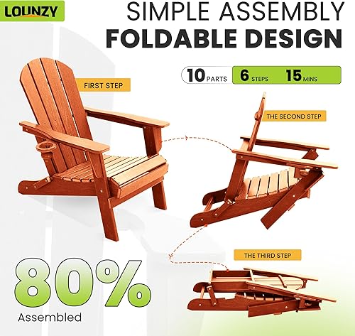 Miniatura 4 de LOUNZY Juego de 2 sillas plegables Adirondack de polietileno de alta densidad para todo tipo de clima, sillas Adirondack plegables con soportes para