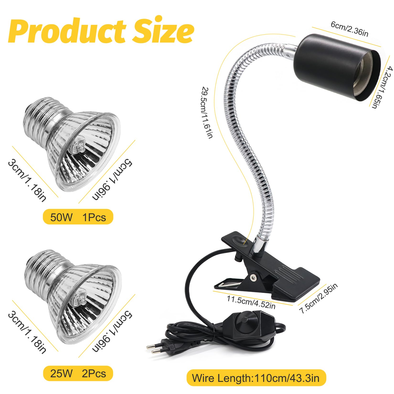 Turtle Lampa grzewcza z 3 żarówkami E27 w zestawie Lampa terrarium dla żółwi z klipsem dla gadów obracana o 360°, podgrzewana żółw, odpowiednia dla jaszczurek, żółwi, węży, kameleonów