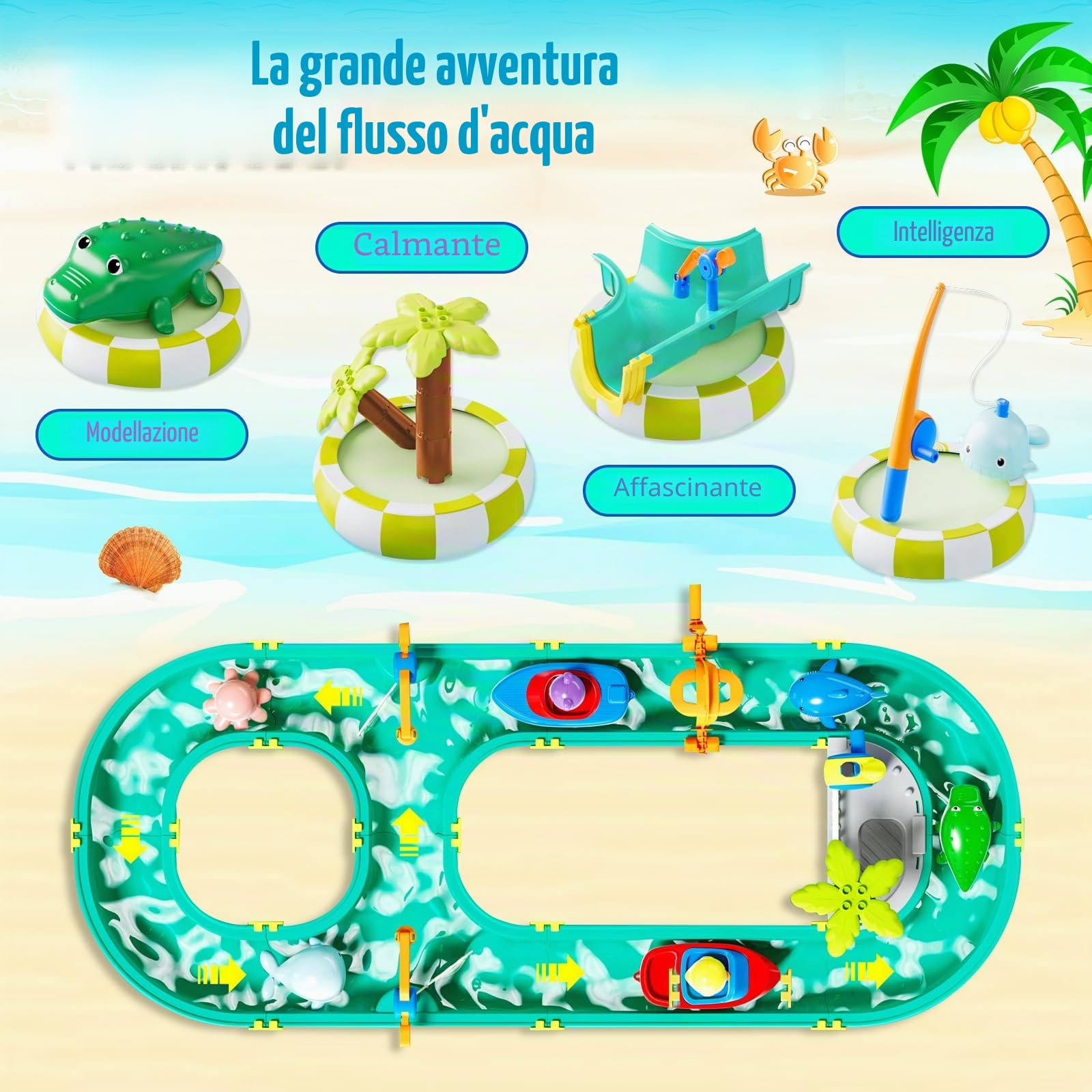 Joellfuner Pista d'acqua per bambini all'aperto, 2 in 1 giocattolo acquatico per bambini outdoor, set pista d'acqua con 2 barche, 6 figure di animali, 2 pistole ad acqua e funzione di pesca, tavolo
