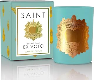 SAINT Ex-Voto Sacred Heart Devotional Scented Candle with Prayer Coin, Amber Fleur Soy Coconut Aromatherapy Candle with 80 Hour Burn Time, Collector Series Edition III (Blue)