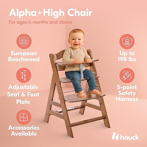 Miniatura 4 de hauck Alpha+ Grow Along Solid Beechwood - Silla alta con asiento ajustable, arnés de seguridad de 5 puntos y barra de parachoques para bebés y niños