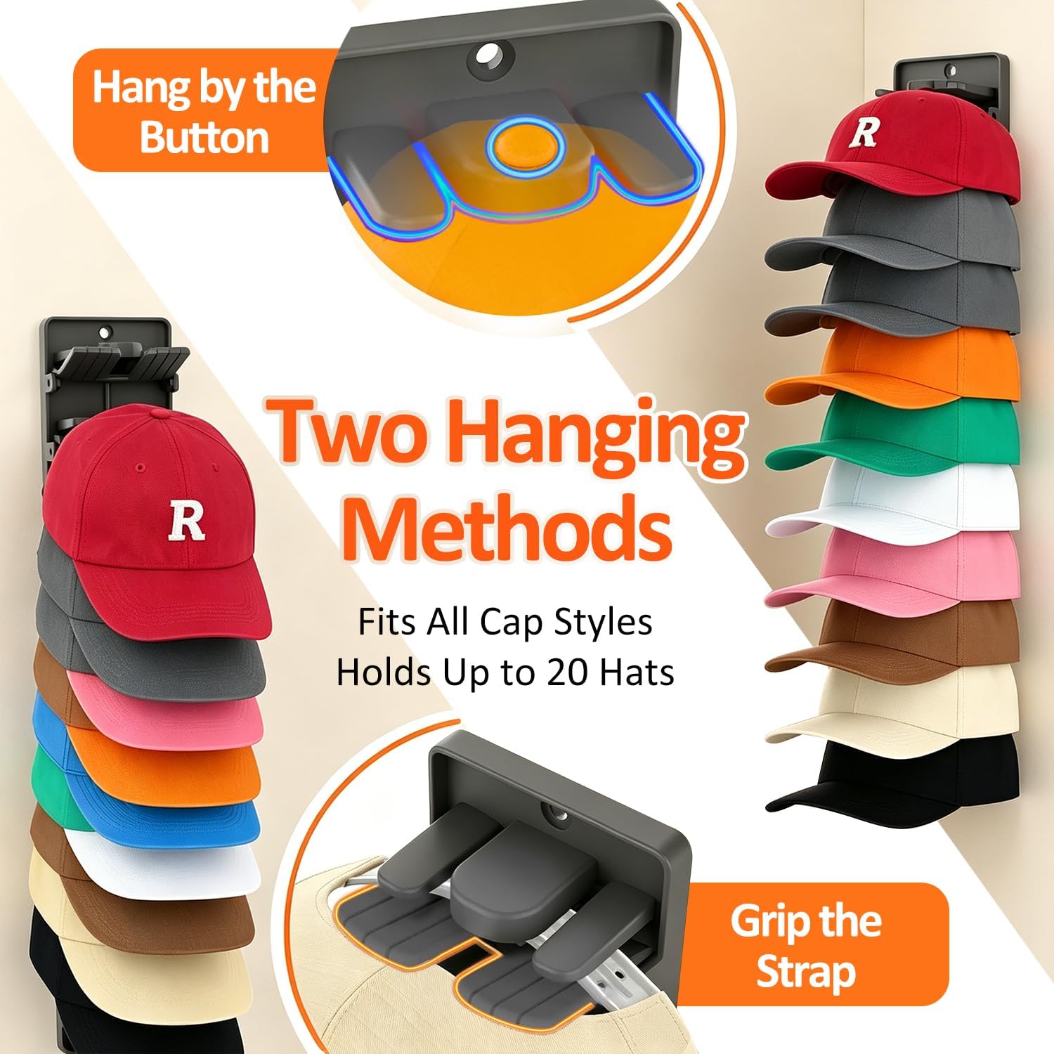 Hat Organizer for Baseball Caps 2 Packs, Holds 20 Caps Wall Mount Hat Rack with Spring Clips - Baseball Hat Organizer for Closet Door, Multi-Layer Cap Display Hanger (Black, Adhesive&Screws Included)