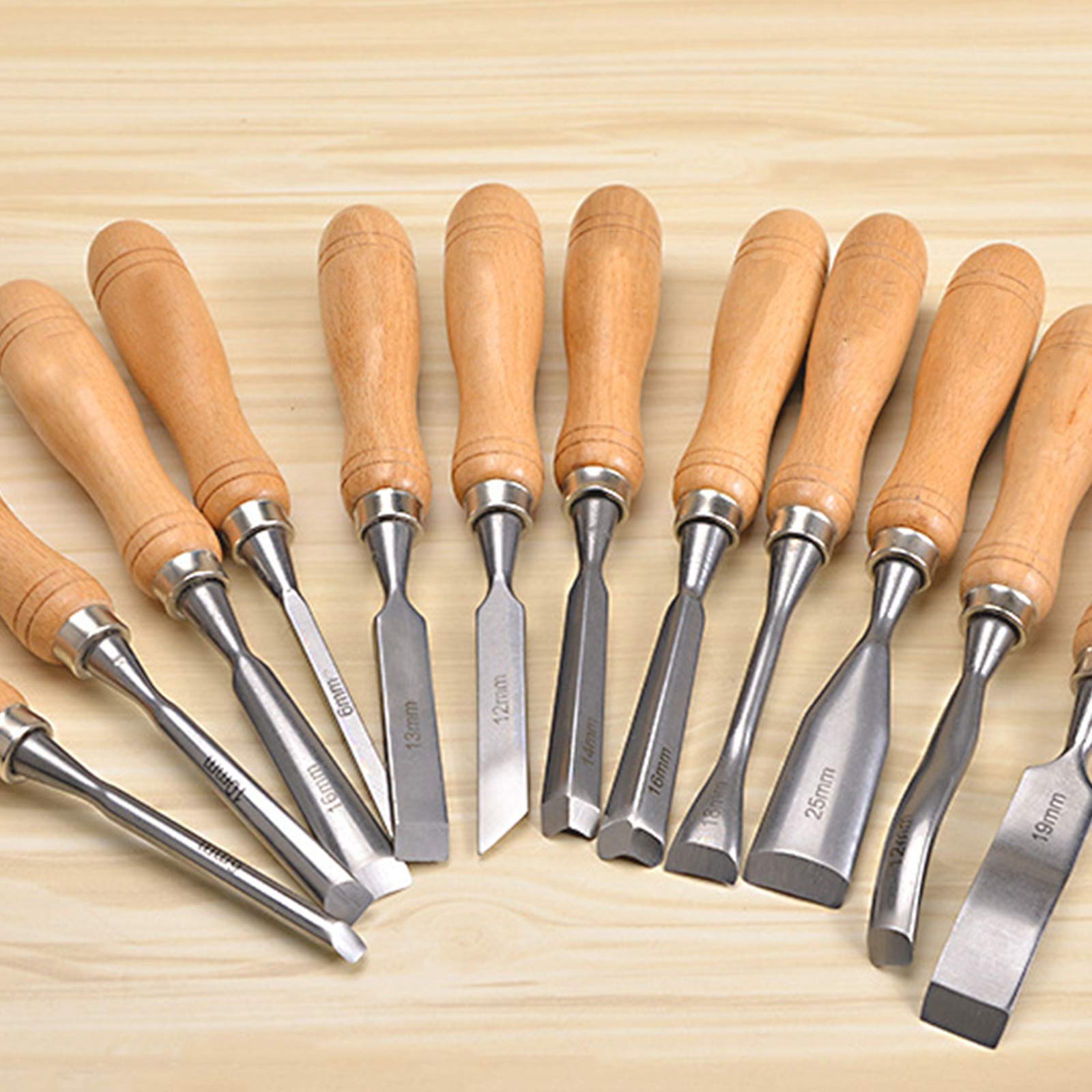 Juego de herramientas de cincel para tallado de madera, gubias para herramientas manuales profesionales para carpintería, 12 piezas, juego de cinceles para tallado de madera con caja de madera, cince