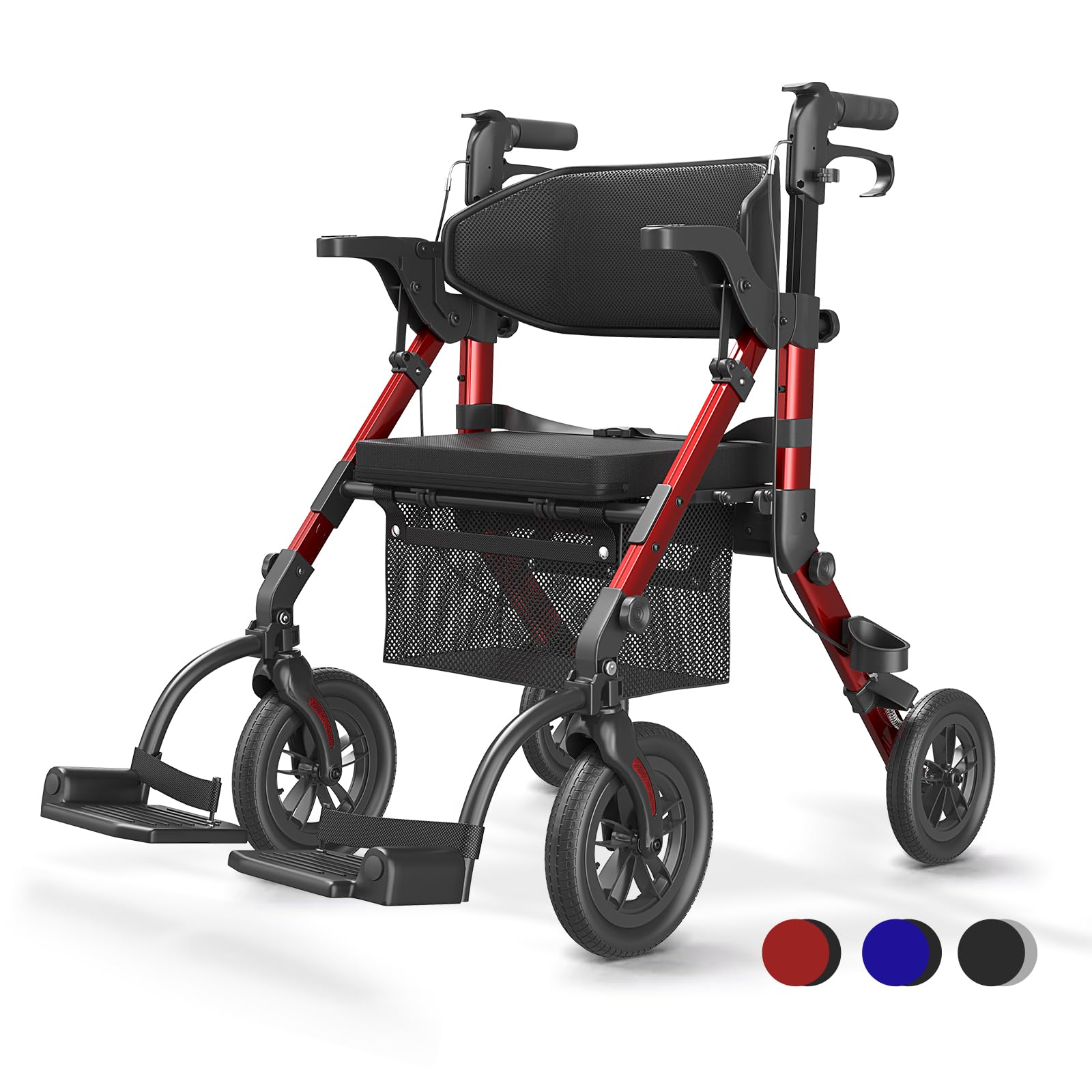 VOCIC 2 in 1 Rollstuhl Rollator Faltbar Leicht mit Sitz,Outdoor Gummireifen | Z51 Allen Gelände,Leichtgewicht Rollatoren mit Netztasche,Aluminium Gehhilfer Transport-Stuhl,Rot (5 Jahre Support)