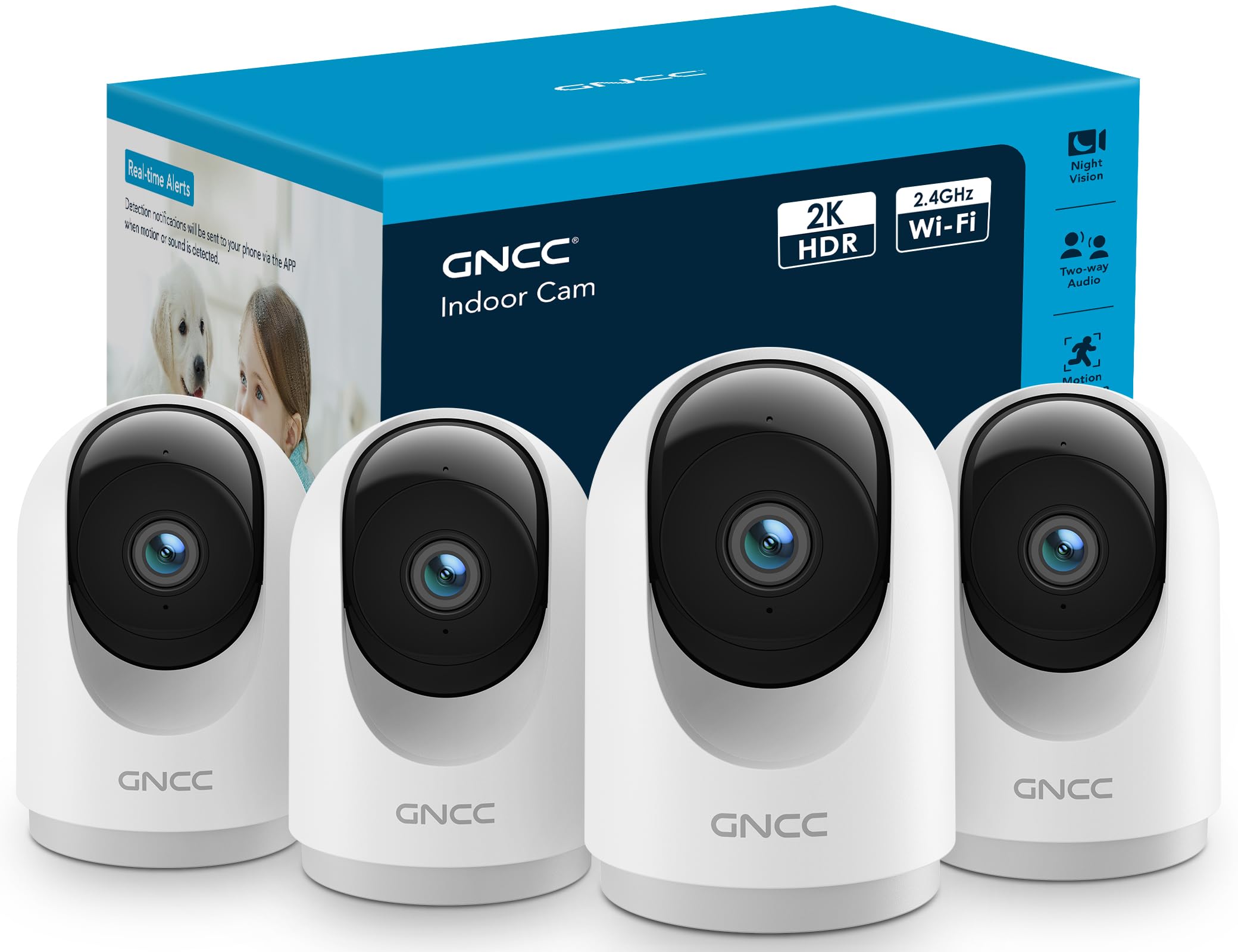 GNCC 2K 3MP WiFi Home Surveillance Cameras (Pack 4), Indoor WiFi Surveillance Camera for Baby/Pets, 360°, AI Detection, Two-Way Audio, Night Vision, Compatible with Alexa (2.4GHz)
