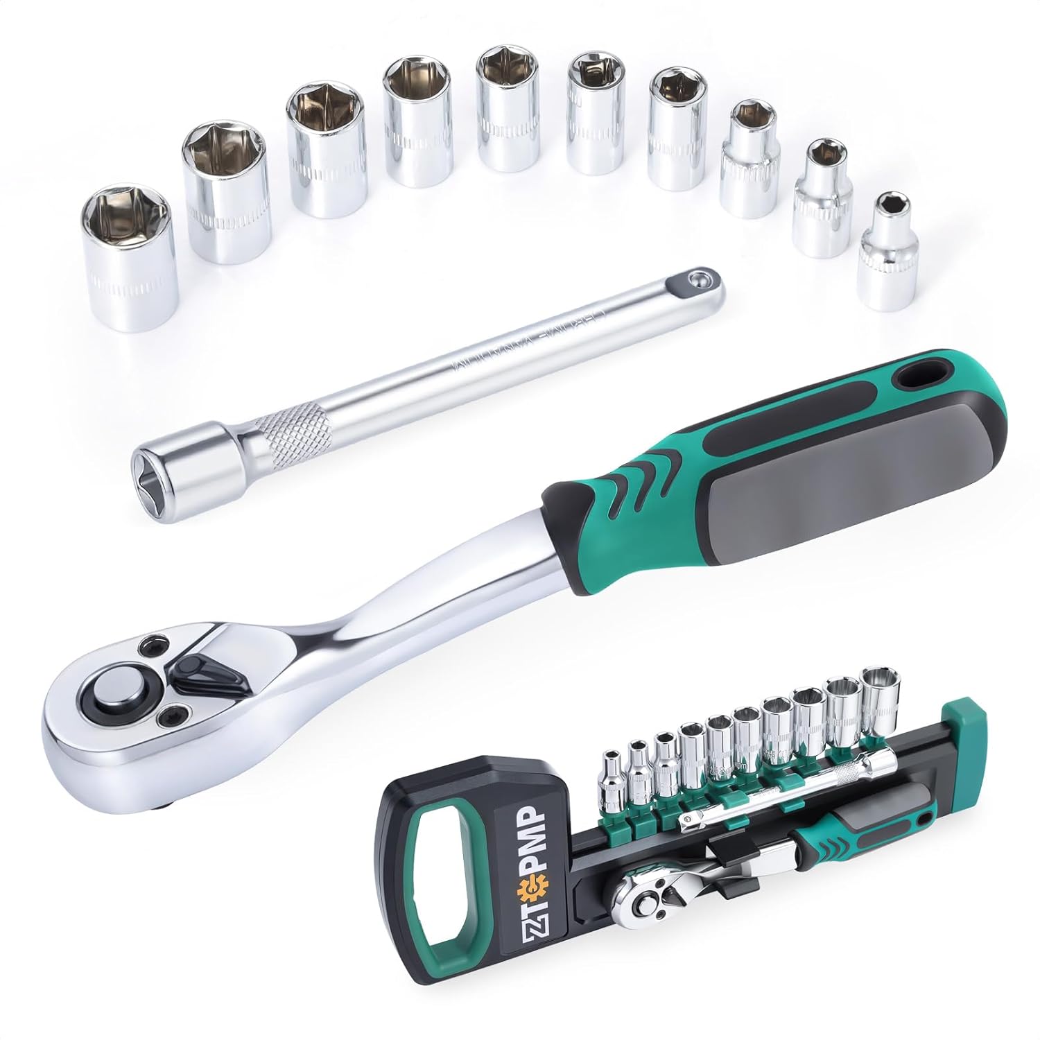 12Pcs 1/4 Inch Drive Ratchet Socket Wrench Set, 72 Teeth Bent Handle Release Ratchet Wrench with CR-V 6 Point Shallow Metric Sockets (4mm-13mm) and Extension Bar
